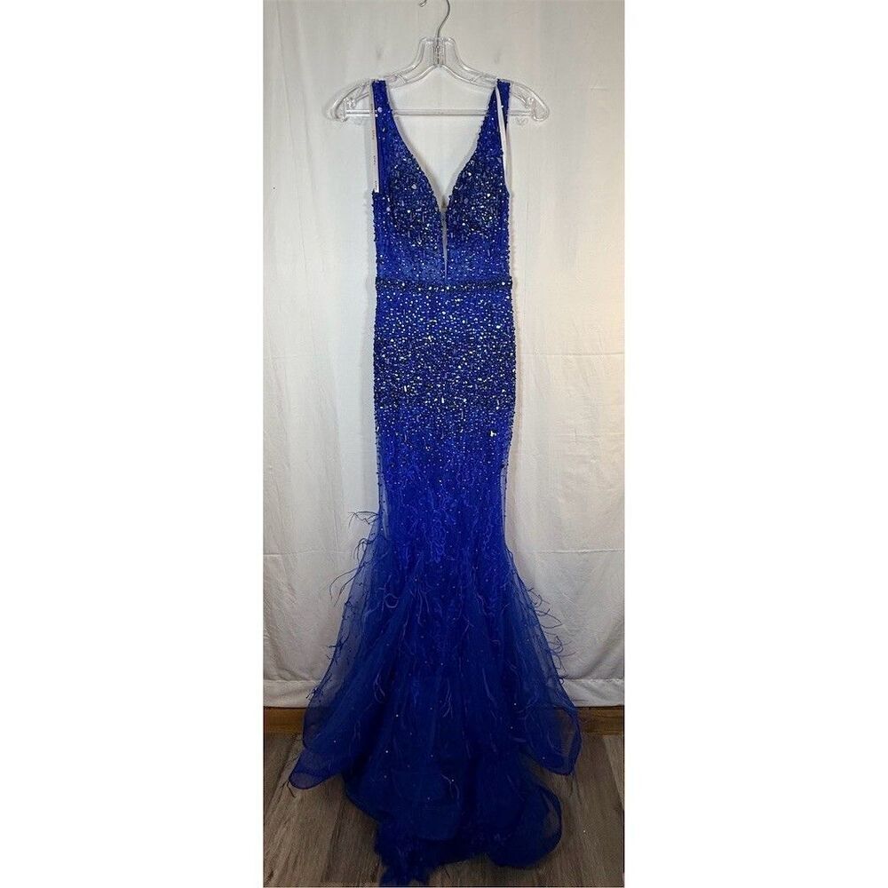 Panoply Dress Womens XS Royal Blue Beaded Sequin Mermaid Long Gown
